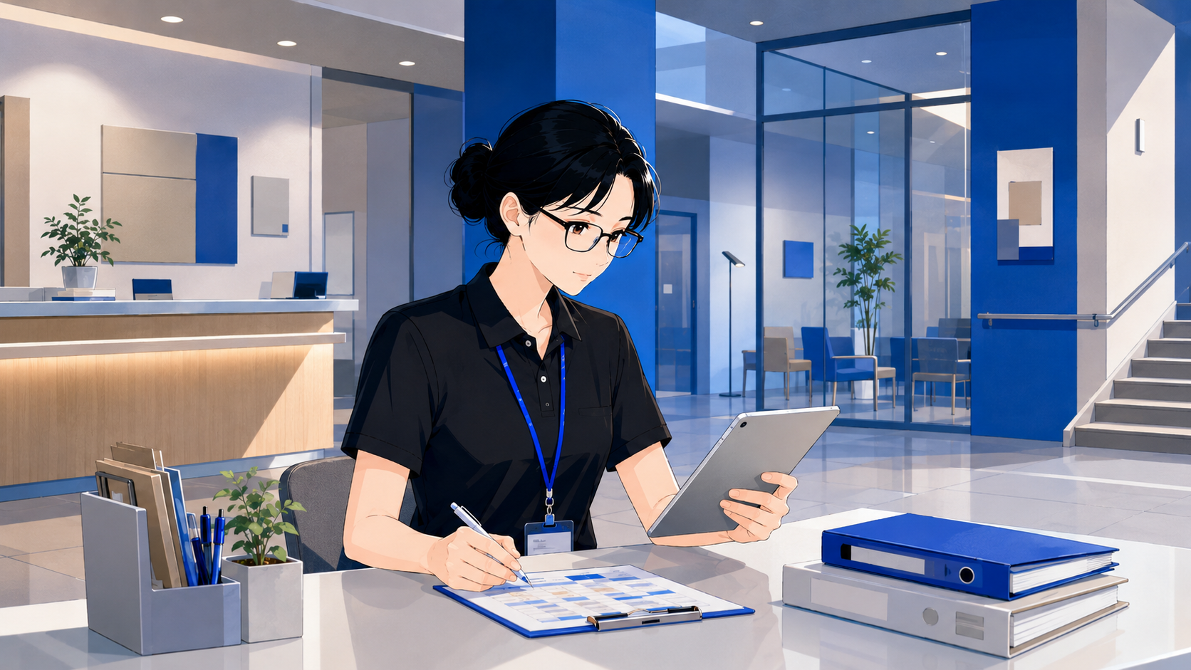 施設のロビーでタブレットと書類を手に確認を行う施設長・管理者候補のイラスト