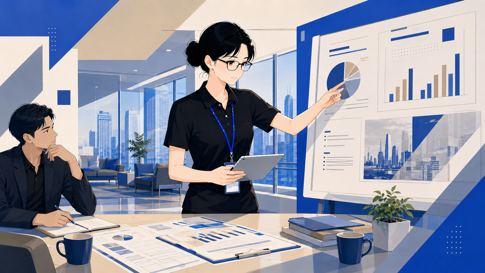 ホワイトボードの資料を指し示しながら同僚にプレゼンテーションする総合職スタッフのイラスト