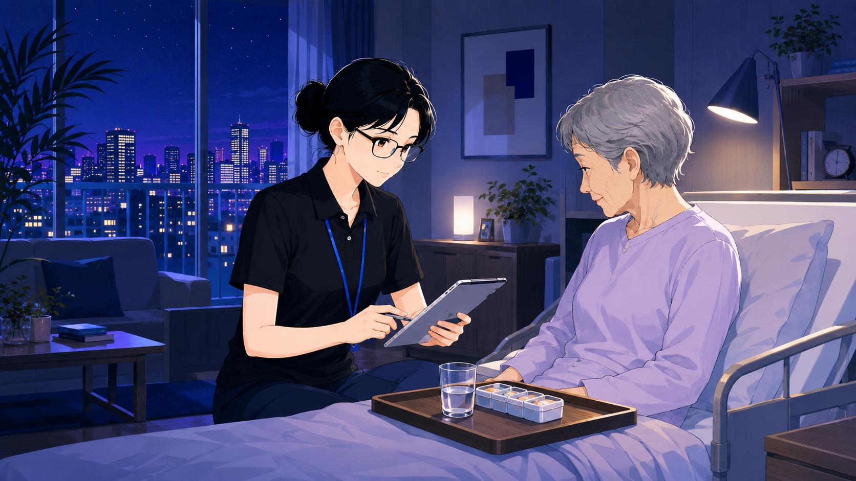 夜間のベッドサイドでタブレットを使い服薬確認を行う夜勤専従スタッフのイラスト