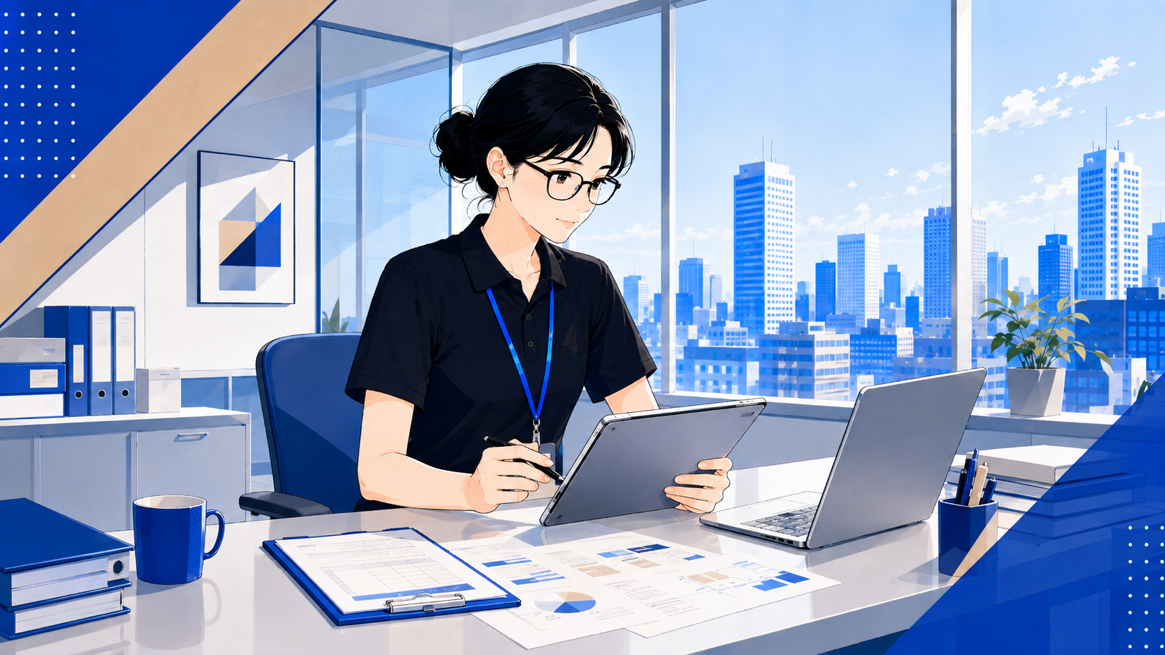 個別支援計画の書類をタブレットで確認するサービス管理責任者のイラスト