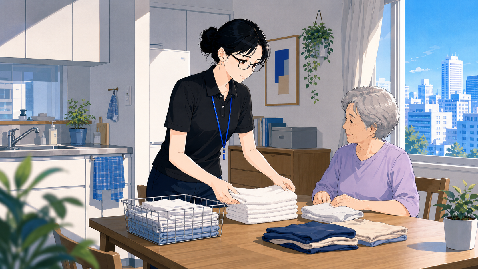 ご自宅で洗濯物をたたみながら利用者様と会話する訪問介護員のイラスト
