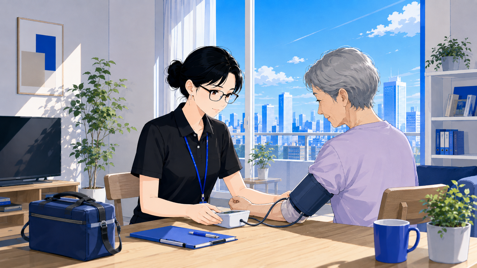ご自宅で血圧測定を行う訪問看護師のイラスト