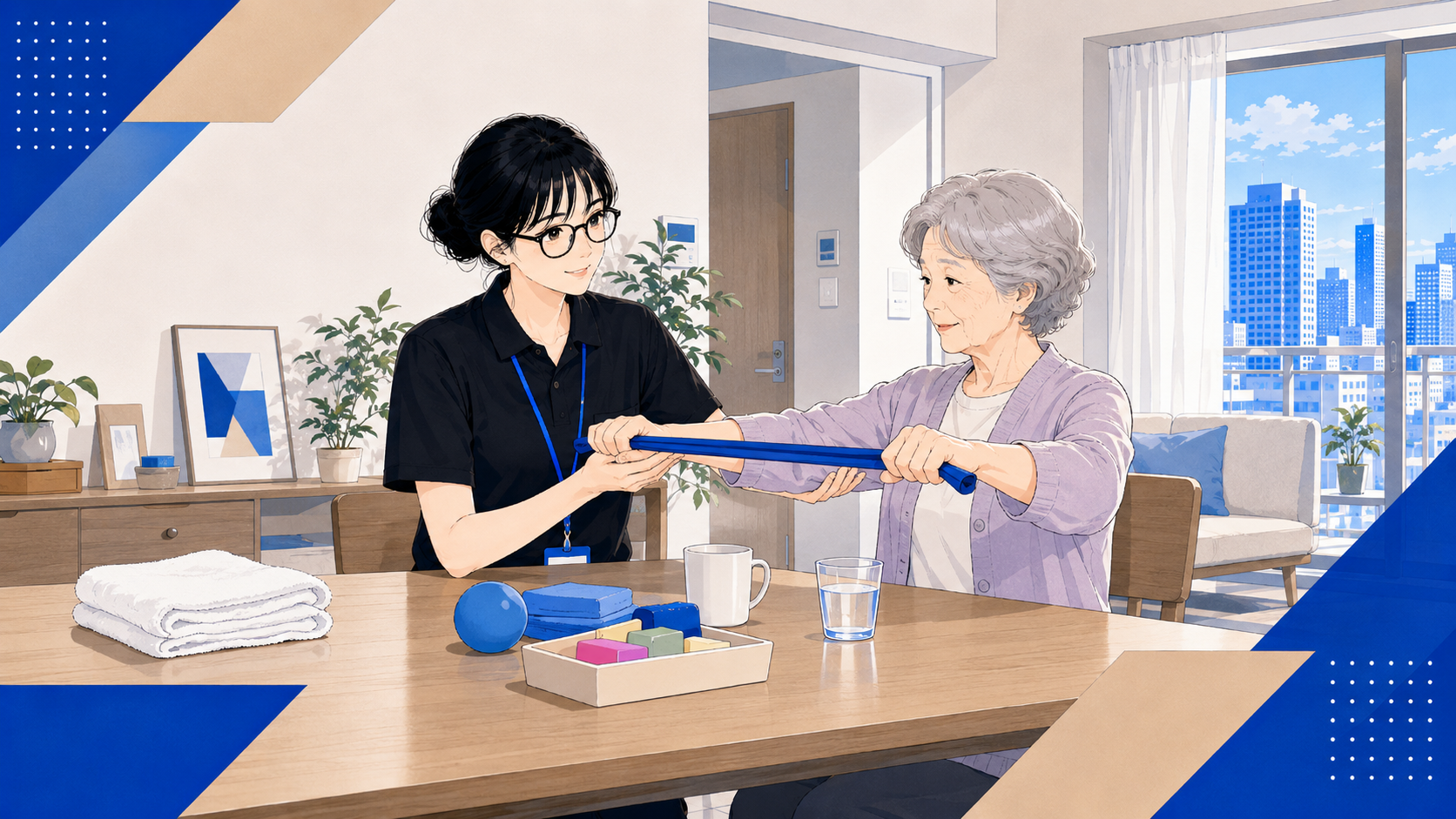 リハビリバーを使った運動療法を行う訪問リハビリスタッフのイラスト